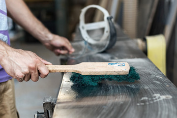 Cropped photo of cabinetmaker handcraft clean work table in gara