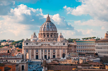 St Peter's Basilica, One Of The Largest Churches In The World And Top Sights In Rome Located In Vatican City.