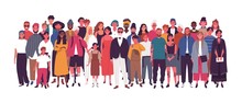 Diverse Multiethnic Or Multinational Group Of People Isolated On White Background. Elderly And Young Men, Women And Kids Standing Together. Society Or Population. Flat Cartoon Vector Illustration.