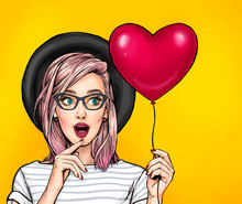 Amazed Young Pop Art Woman With Pinc Hair Hold Big Red Heart Balloon. Hipster Girl In Black Hat