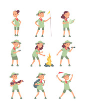 Children Scouts. Cartoon Kids In Scout Uniform In Summer Camping. Funny Boys And Girls Tourist Vector Characters. Illustration Of Boy And Girl In Uniform Scout