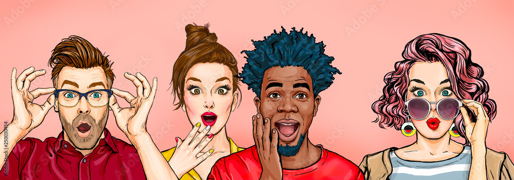 Surprised people on colored backgrounds.Amazed  happy men and women. Human emotions, facial expression concept. Sale.Wow people - obrazy, fototapety, plakaty 