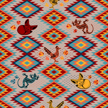 Kilim Ethnic Geometric Ornament With Desert Animals. Pattern Of Bright Rhombuses. Greater Roadrunner, Fennec Fox, Lizard