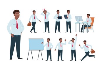 Wall Mural - Businessman character. Afro-american office professional worker man, success person in business activity. Cartoon employee vector set. Illustration of business character professional, boss person