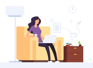 Sticker - Woman at home office. Girl working with laptop. Professional businesswoman works with computer in home interior. Vector concept of businesswoman with laptop, young woman employee illustration