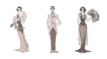 Art Deco People Set. Gatsby Style Set. Group Of Retro Woman And Man. Design In 20's Style. Sketch Style Mafia And Gangsters
