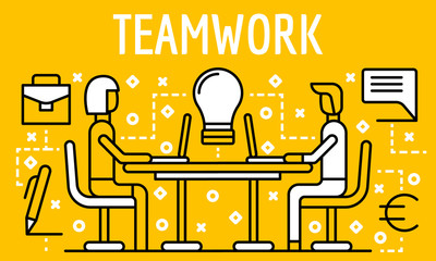 Canvas Print - Freelancer teamwork banner. Outline illustration of freelancer teamwork vector banner for web design