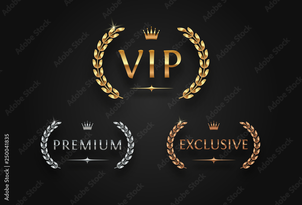 VIP, premium and exclusive sign with laurel wreath - golden, silver and bronze variants, isolated on black background. Luxury sign vector set. - obrazy, fototapety, plakaty 