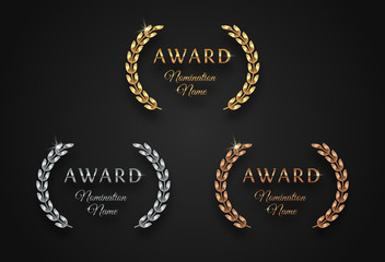 Wall Mural - award sign with laurel wreath - golden, silver and bronze variants, isolated on black background. aw