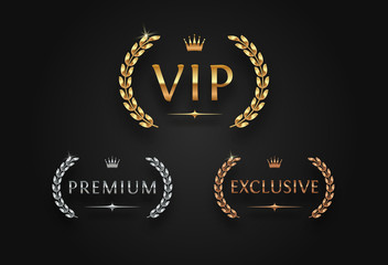 vip, premium and exclusive sign with laurel wreath - golden, silver and bronze variants, isolated on