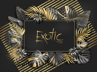 Wall Mural - Gold Palm leaves pattern black background. Rectangular frame.