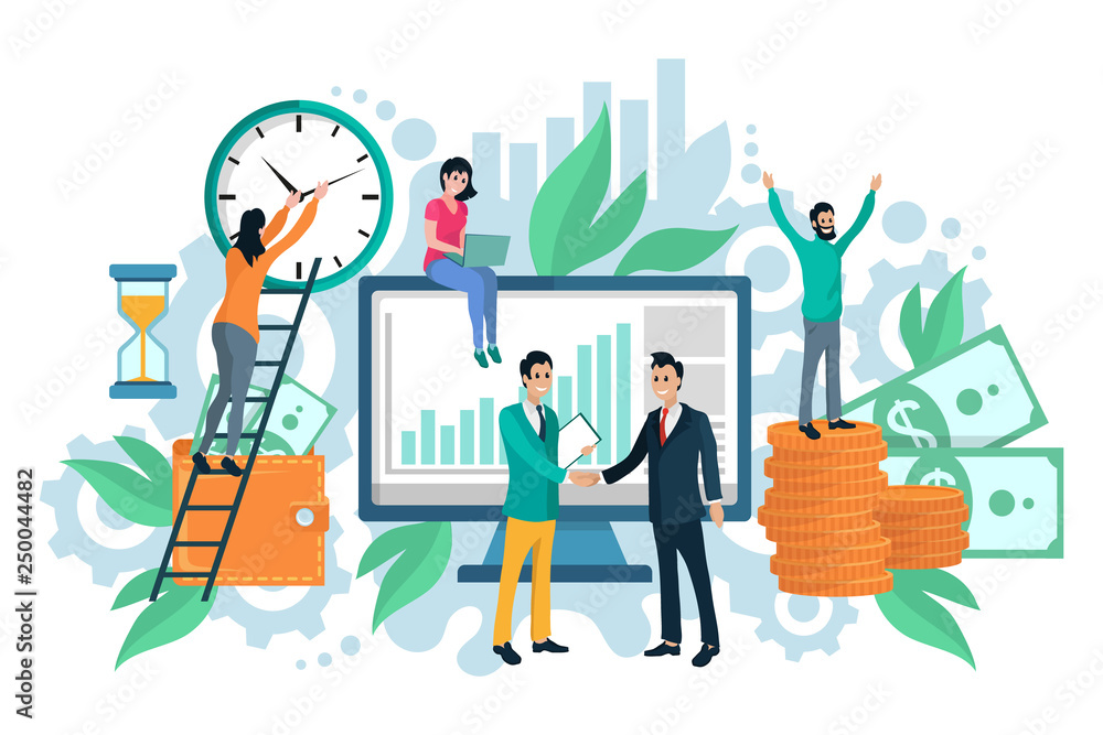 Wallet and banknotes or coins, time money concept vector. Clock and hourglass, laptop and computer monitor, men and women, business partners, green plants - obrazy, fototapety, plakaty 