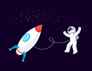 rocket space vector, astronaut floating in cosmos with spaceship. person tied to shuttle with rope, 