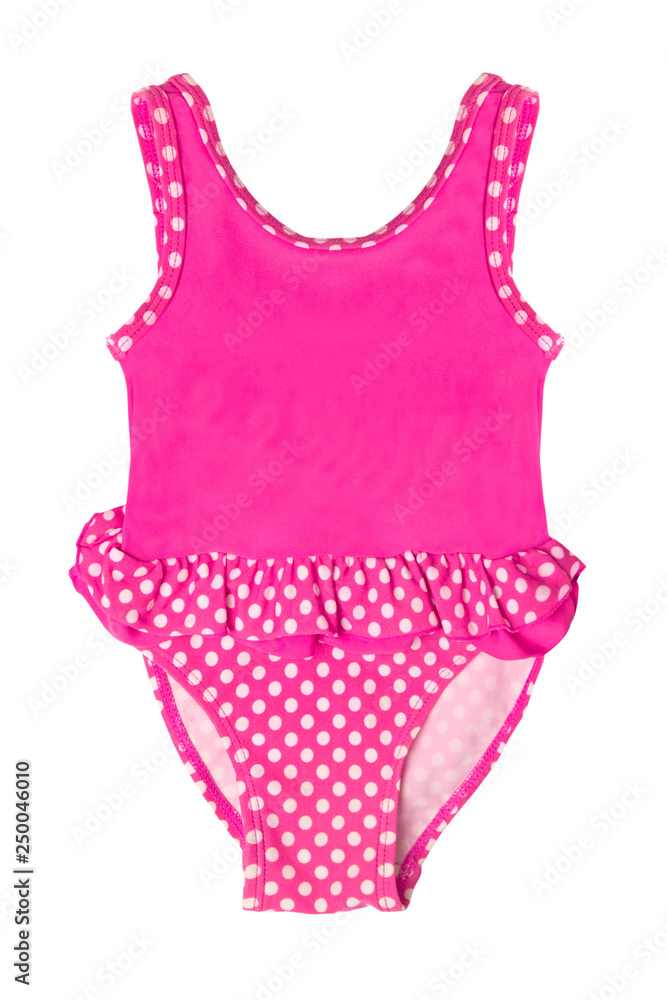 Pink childrens swimsuit isolated on white background - obrazy, fototapety, plakaty 