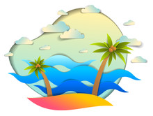 Beautiful Seascape With Sea Waves, Beach And Palms, Clouds In The Sky, Vector Illustration In Paper Cut Style, Seashore Summer Beach Holidays Theme.