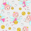 © NinaVetrova - A tooth fairy with a coin flew over for a baby milk tooth. Vector seamless pattern in a cartoon style for pediatric stomatology or for a child dentist