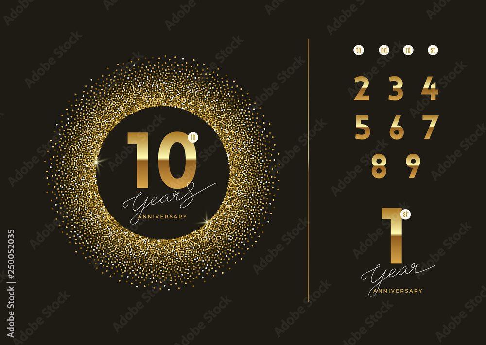 Anniversary golden logo with glitter gold frame. There is additional elements for compilation any dates. Vector illustration. - obrazy, fototapety, plakaty 