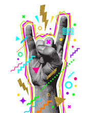 Rock'n'roll Or Heavy Metal Hand Sign. Two Fingers Up. Engraved Style Hand And Multicolored Abstract Elements. Vector Illustration.