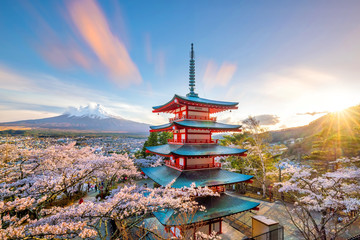 mountain fuji and chureito red pagoda with cherry blossom sakura
