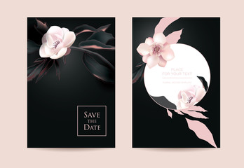 Wedding invitation in the botanical style. Pink flowers on a dark background. Vector template for the shop, beauty salon, spa or restaurant	