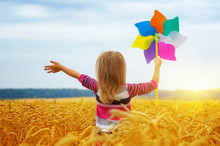 Girl Holding Wind Toy  On Wheat Field.