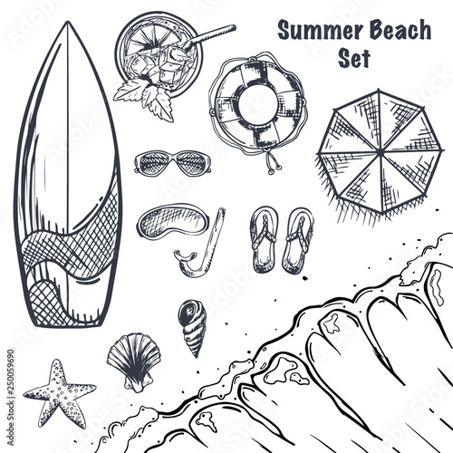 Set Of Summer Beach Hand Draw Sketches Wave Surfboard Drink