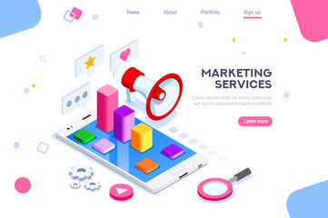 Isometric concept of Digital Marketing. 3D Modern flat design, decorated people characters. Website and mobile, website development. Illustration. Isometric landing page template.