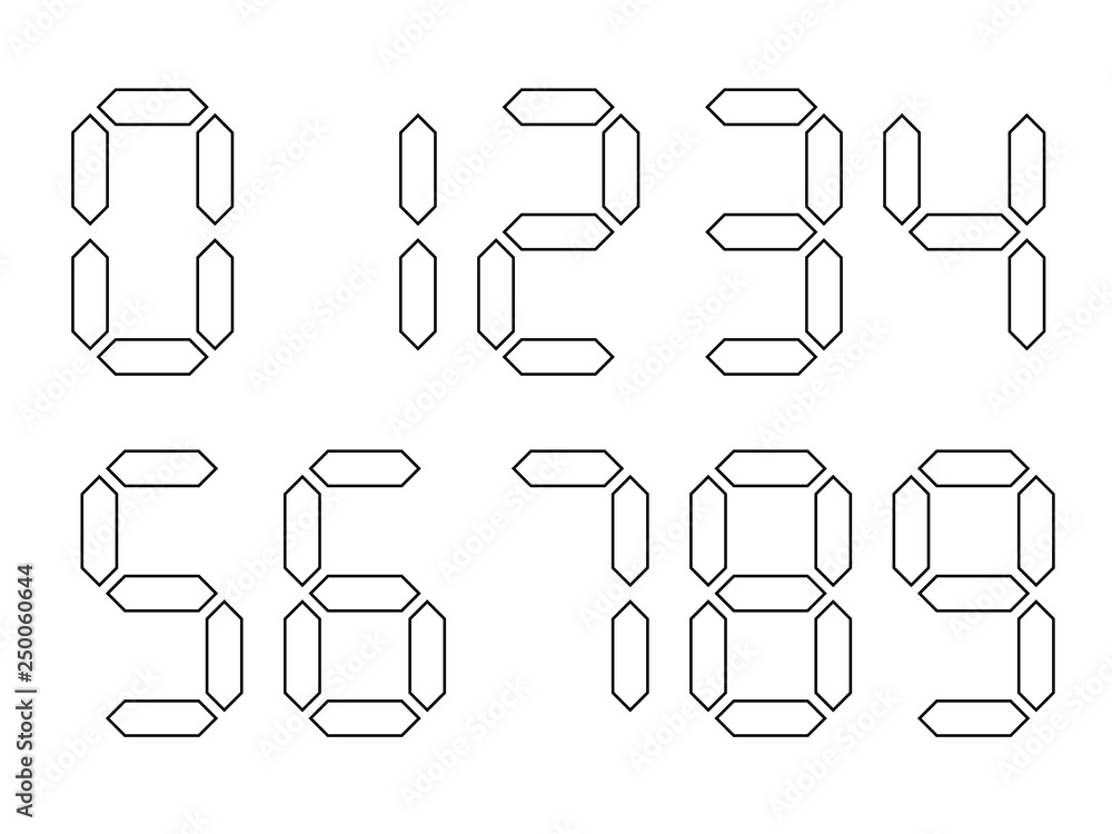 White digital numbers with black outline. Seven-segment display is used ...