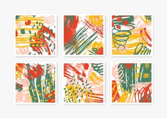 Sticker - Collection of square backgrounds with abstract hand drawn textures. Set of backdrops with colorful paint traces, stains, blots, scribble. Creative artistic vector illustration in modern art style.