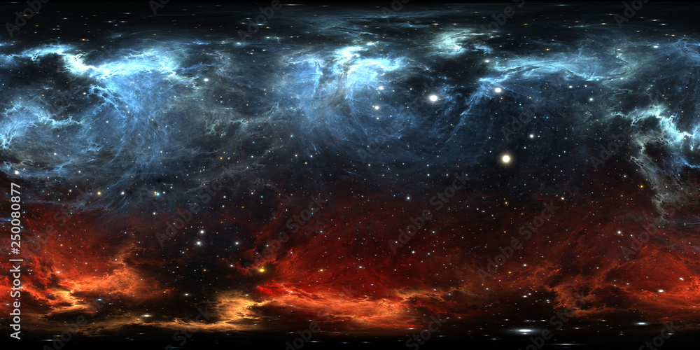 360 degree space nebula panorama, equirectangular projection, environment map. HDRI spherical panorama. Space background with nebula and stars - obrazy, fototapety, plakaty 