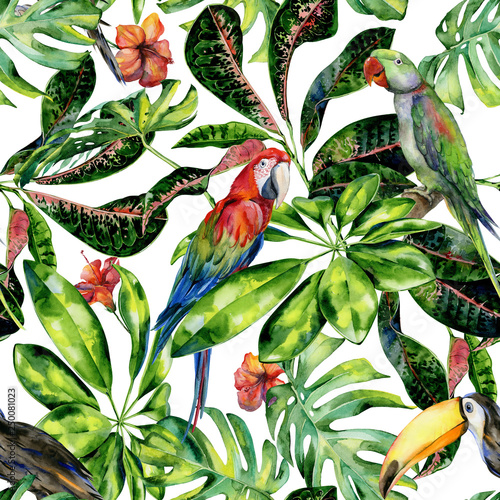 Watercolor seamless pattern of tropical leaves and birds. Toucan, scarlet mac...