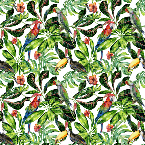 Watercolor seamless pattern of tropical leaves and birds. Toucan, scarlet mac...