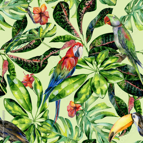 Watercolor seamless pattern of tropical leaves and birds. Toucan, scarlet mac...