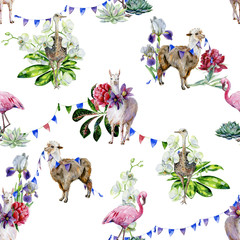 Wall Mural - Watercolor seamless tropical pattern of alpaca, ostrich and cartoon llama with pasque-flower, peony, succulents, orchids. Exotic leaves of schefflera, croton, monstera. Use as wallpaper, textiles.