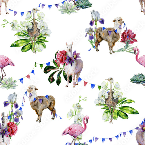 Watercolor seamless tropical pattern of alpaca, ostrich and cartoon llama wit...