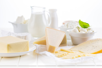 Variation of dairy products on white