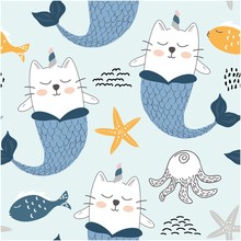 Cute Unicorn Cat Mermaids. Childish Seamless Pattern For Fabric ,textile. Vector Illustration