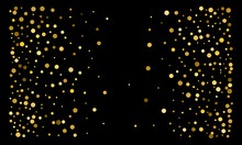Golden Confetti On Black Background. Luxury Festive Background. Gold Shiny Abstract Texture. Element Of Design. Polka Dots Abstract Vector Illustration