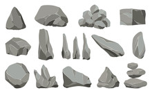 Rock Stones. Graphite Stone, Coal And Rocks Pile For Wall Or Mountain Pebble. Gravel Pebbles, Gray Stone Heap Cartoon Isolated Vector Icons Illustration Set.