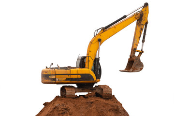 The excavator stands on the earthen mountain on a white isolated background