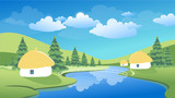 Fototapeta Natura - Spring or summer landscape with green meadows, clouds, trees, river and blue sky. Vector cartoon image of nature.