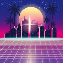 Wall Mural - Synthwave Retro Futuristic Landscape With City Palms, Sun, Stars And Styled Laser Grid. Neon Retrowave Design And Elements Sci-fi 80s 90s Space. Vector Illustration Template Isolated Background