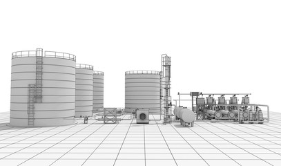 oil refinery, chemical production, waste processing plant, exterior visualization, 3D illustration