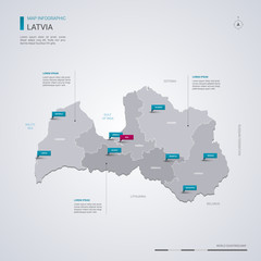  Latvia vector map with infographic elements, pointer marks.
