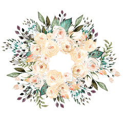 Wall Mural - Beautiful  watercolor wedding wreath with roses and leaves. 