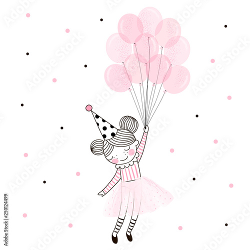 Cute Happy Birthday Girl In Pink Ballerina Skirt Flying Away With