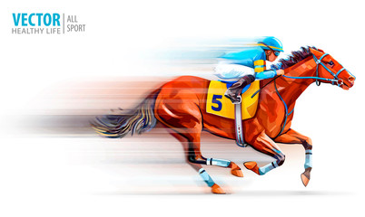 Jockey on racing horse. Champion. Hippodrome. Racetrack. Horse riding. Vector illustration. Derby. Speed. Blurred movement. Isolated on white background