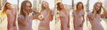Collage Photos Of Seductive Smiling Model Wears Pink Dress Posing With Evening Sun Light