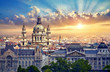 Urban landscape panorama with sunset and old buildings and domes of opera buildings in Budapest, Hungary.