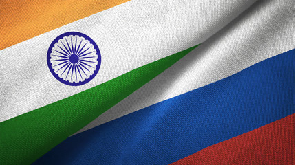 India and Russia two flags textile cloth, fabric texture